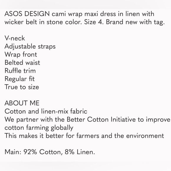 NWT ASOS DESIGN cami wrap maxi dress in linen with wicker belt in stone - Picture 5 of 5